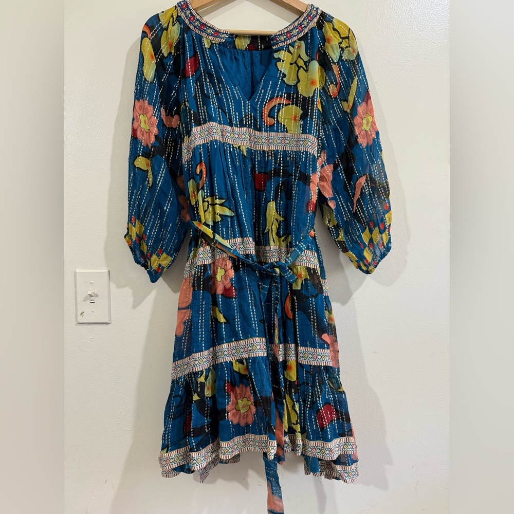 verb Teal Floral Pleated Mini Dress with Tie Waist - Picture 7 of 7